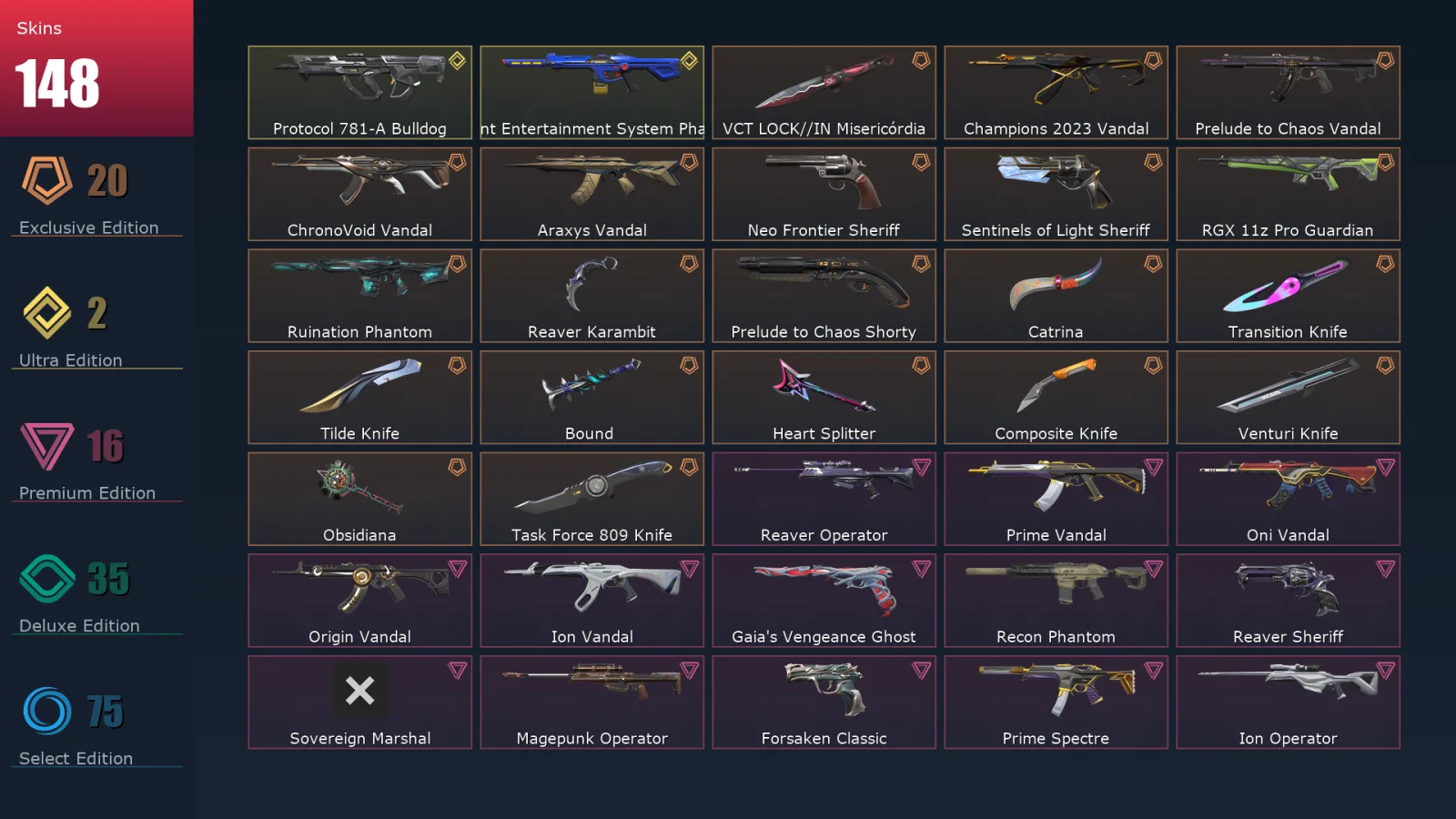 [Valorant] | EU | Level 351 | Platinum 2 | 29 Agents | 148 Skins