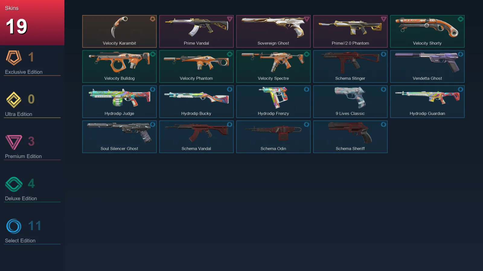 EU | Lv104 | Unranked | 19 Skin | 26 Agent | 57 Buddy — Schema Vandal