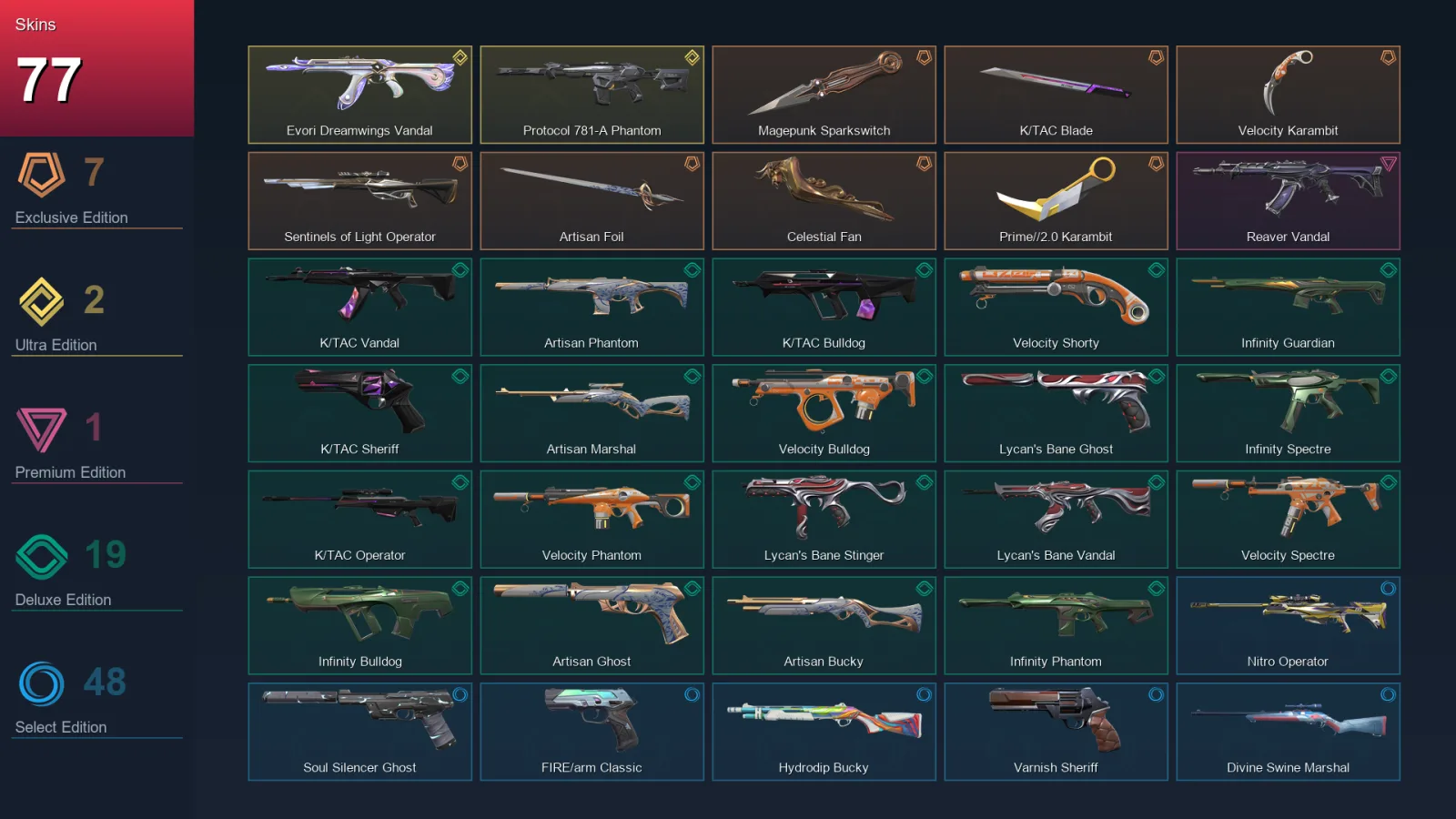 BR | Magepunk Sparkswitch | K/TAC Blade | Velocity Karambit | Sentinels of Light Operator | 77 Skin | 25 Agent | 98 Buddy | Lv134