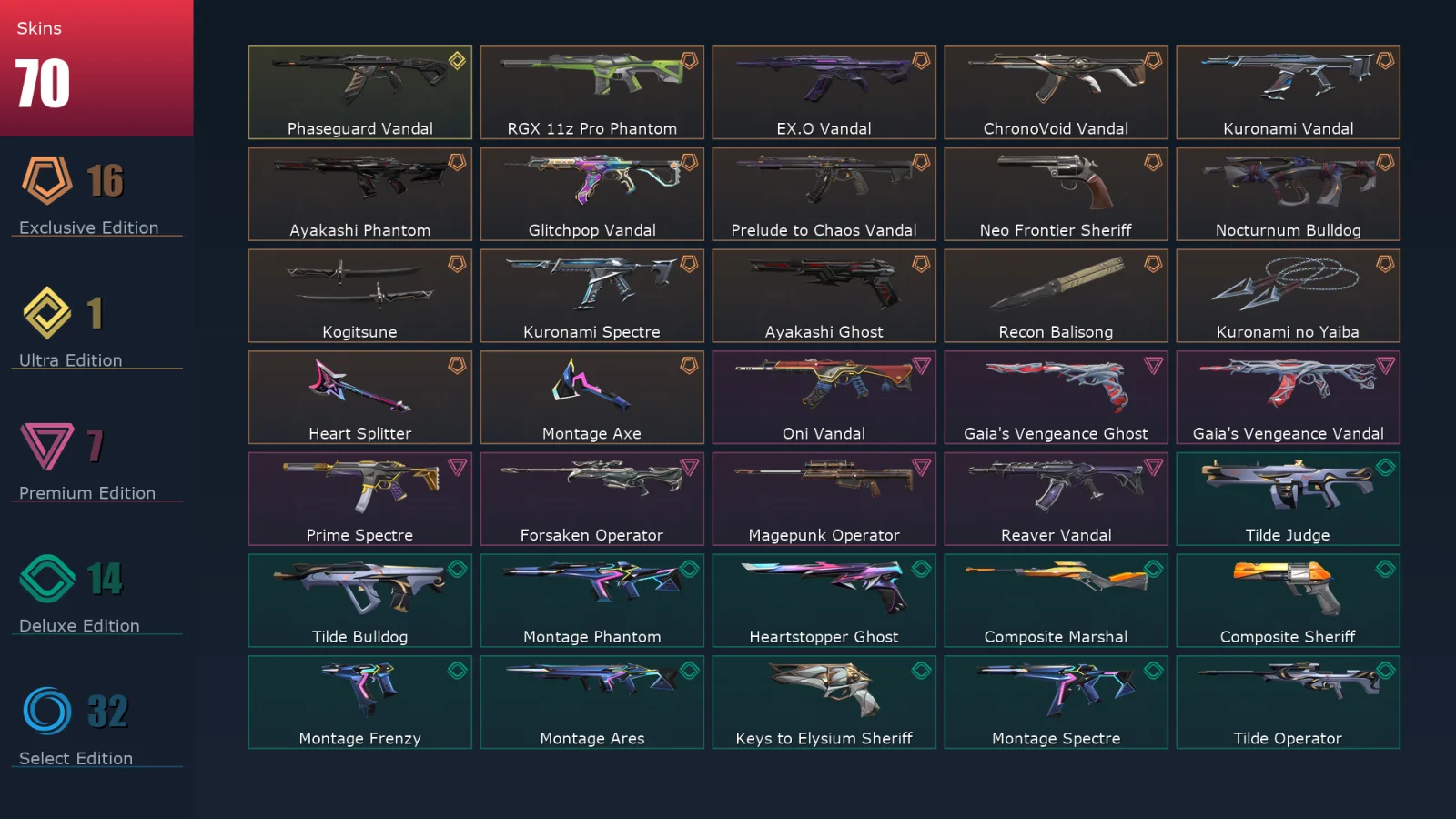 [Valorant] | EU | Level 197 | Gold 3 | 29 Agents | 70 Skins