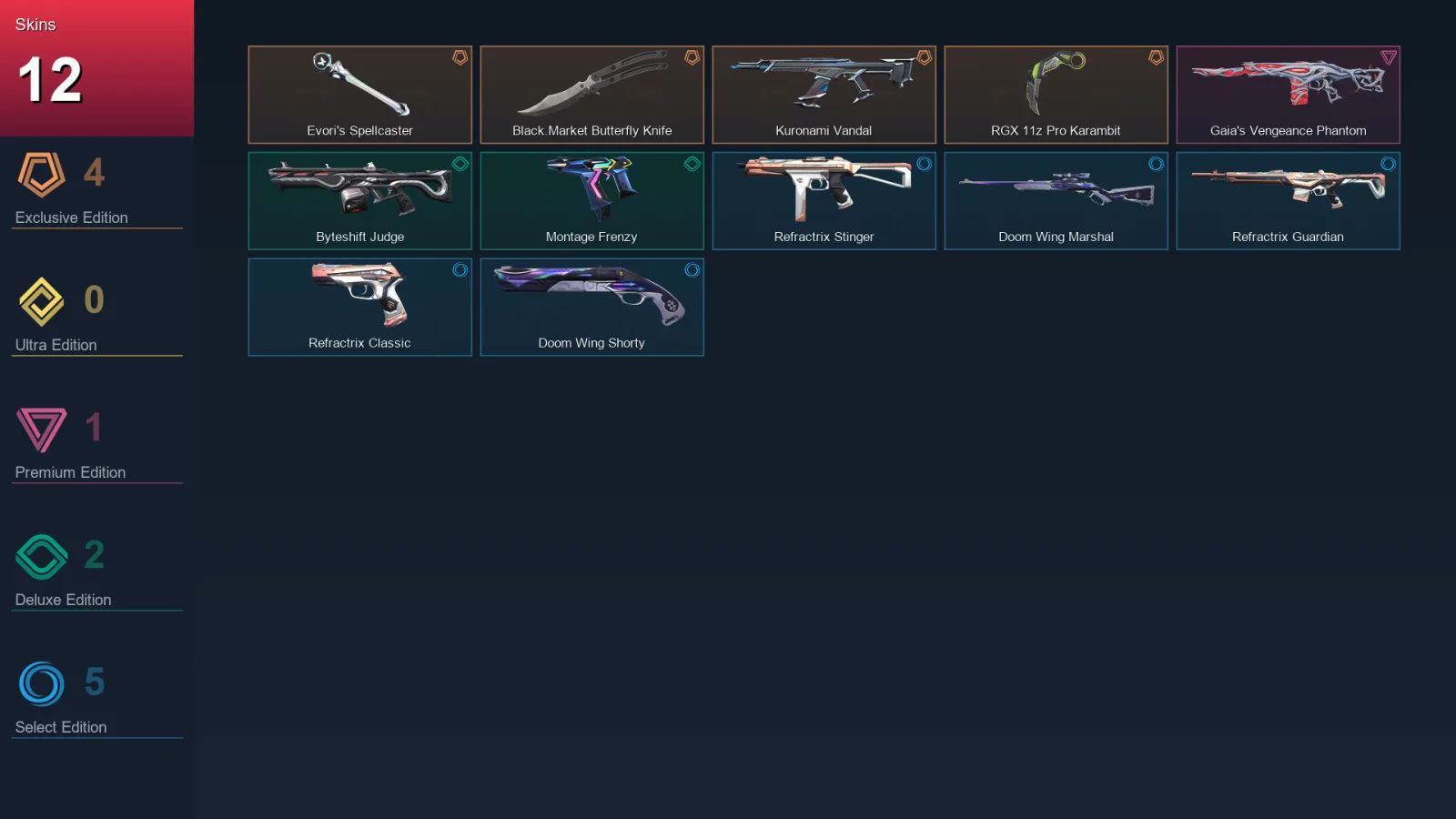 EU | Evori's Spellcaster | Black.Market Butterfly Knife | Kuronami Vandal | RGX 11z Pro Karambit | 12 Skin | 12 Agent | 17 Buddy | Lv36