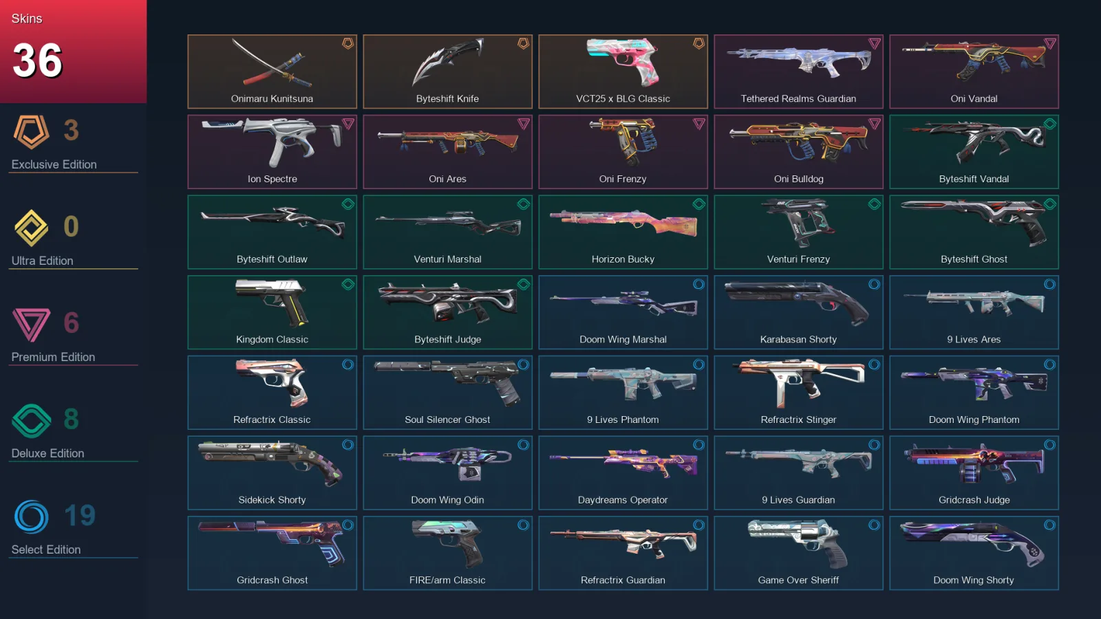 AP | Lv146 | Unranked | 36 Skin | 27 Agent | 86 Buddy