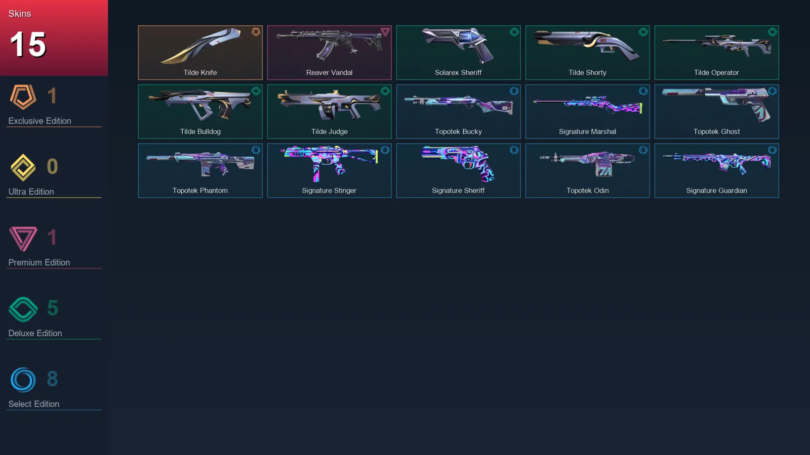 EU | Tilde Knife | Reaver Vandal | Solarex Sheriff | Tilde Shorty | 15 Skin | 22 Agent | 41 Buddy | Lv79