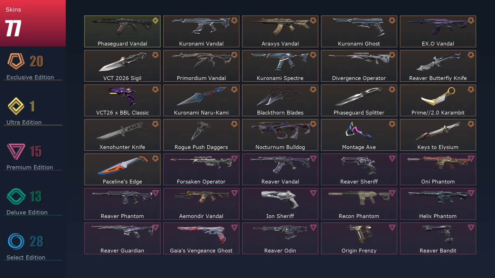 [Valorant] | EU | Level 79 | Silver 3 | 24 Agents | 77 Skins