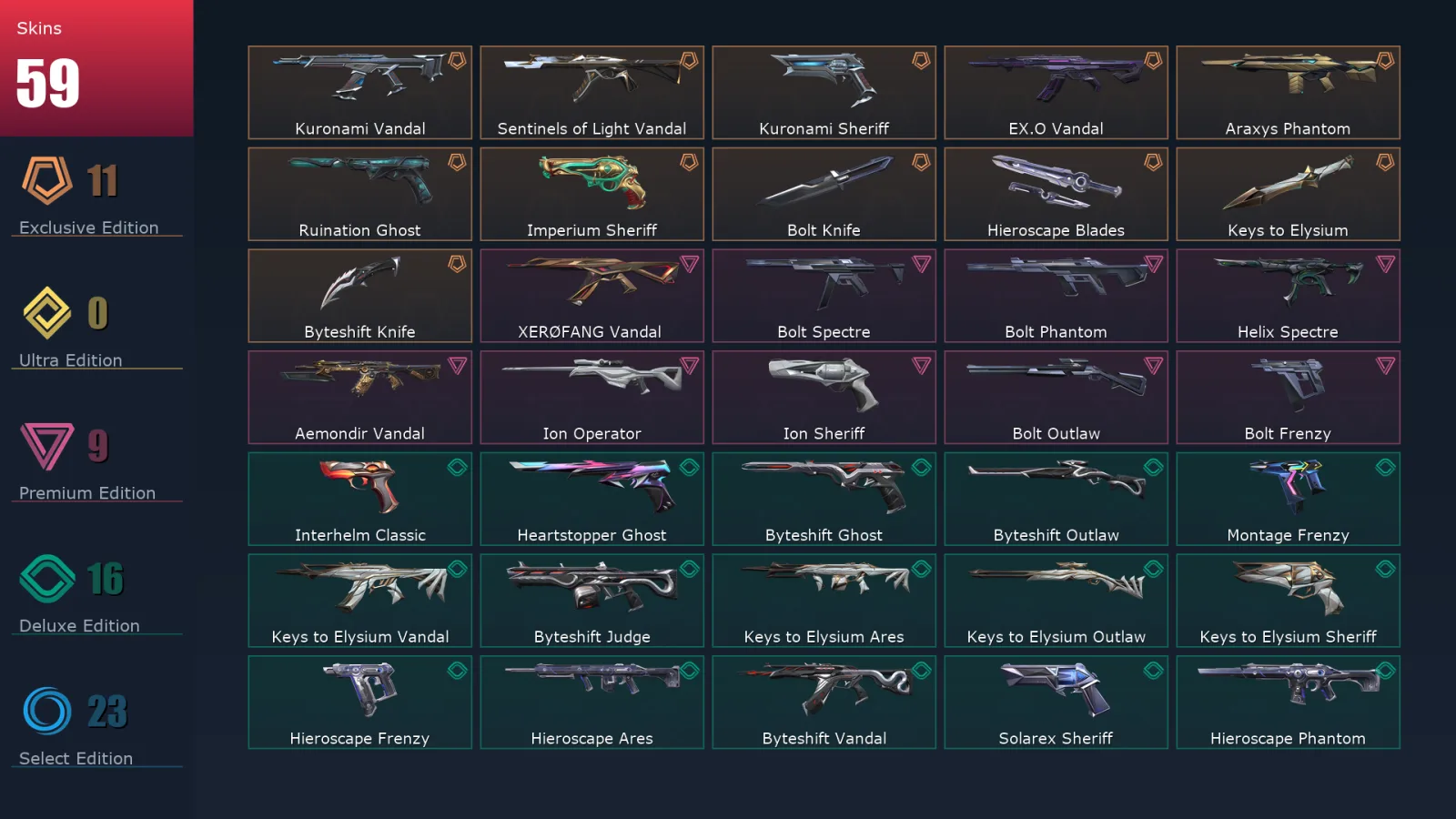 [Valorant] | EU | Level 194 | Diamond 3 | 21 Agents | 59 Skins