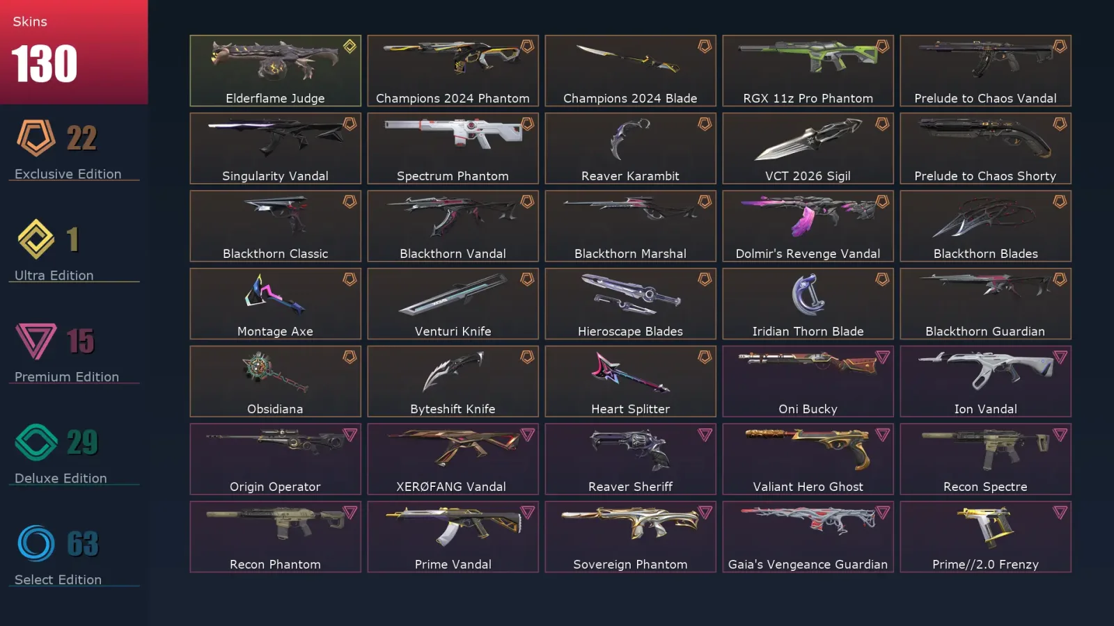 [Valorant] | EU | Level 197 | 29 Agents | 130 Skins