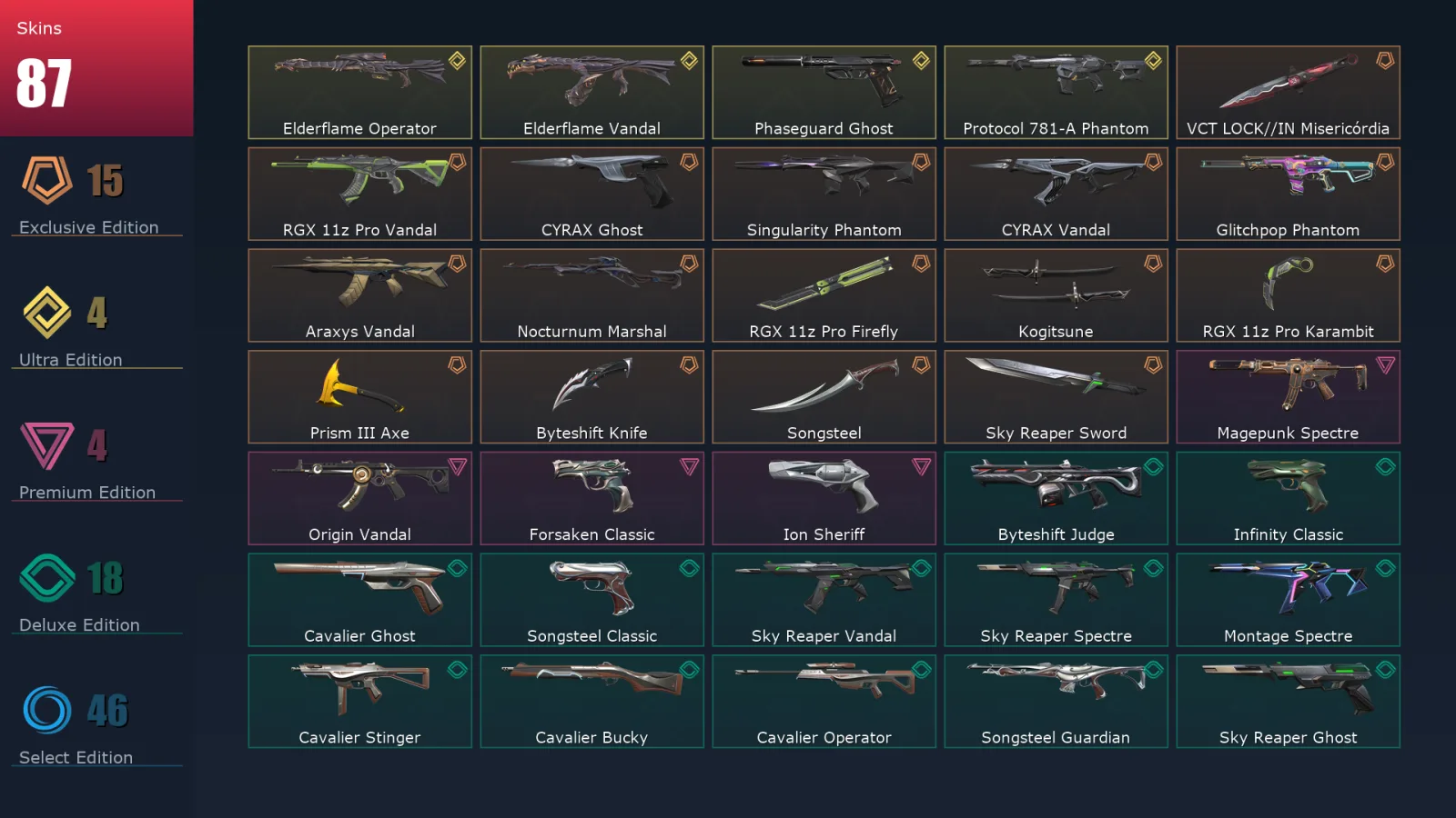 [Valorant] | EU | Level 229 | Platinum 3 | 29 Agents | 87 Skins