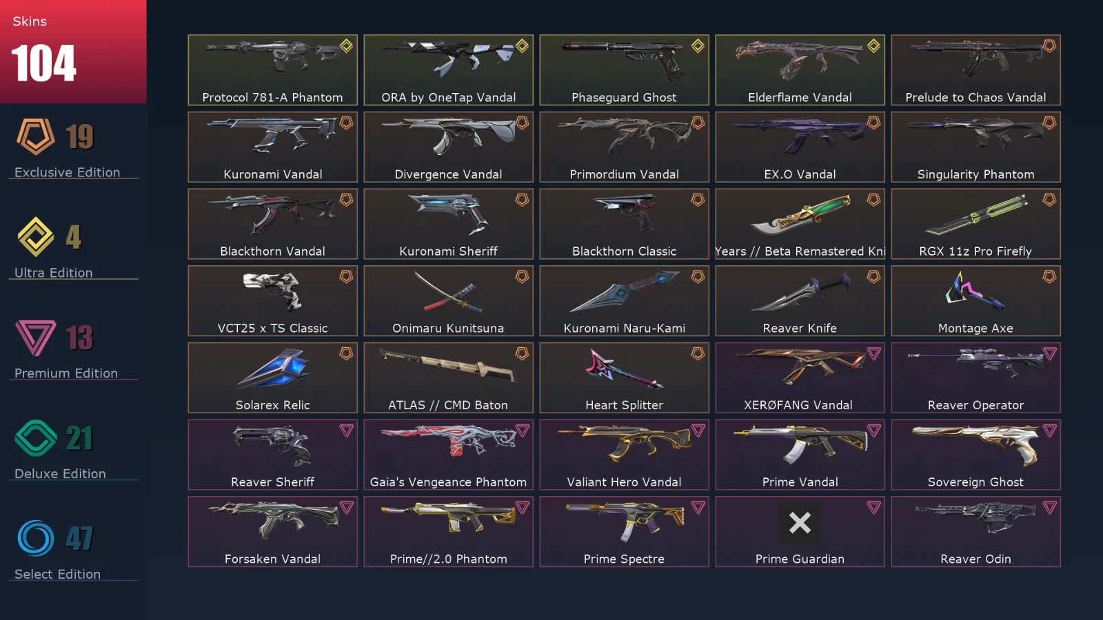 [Valorant] | EU | Level 164 | Platinum 1 | 29 Agents | 104 Skins
