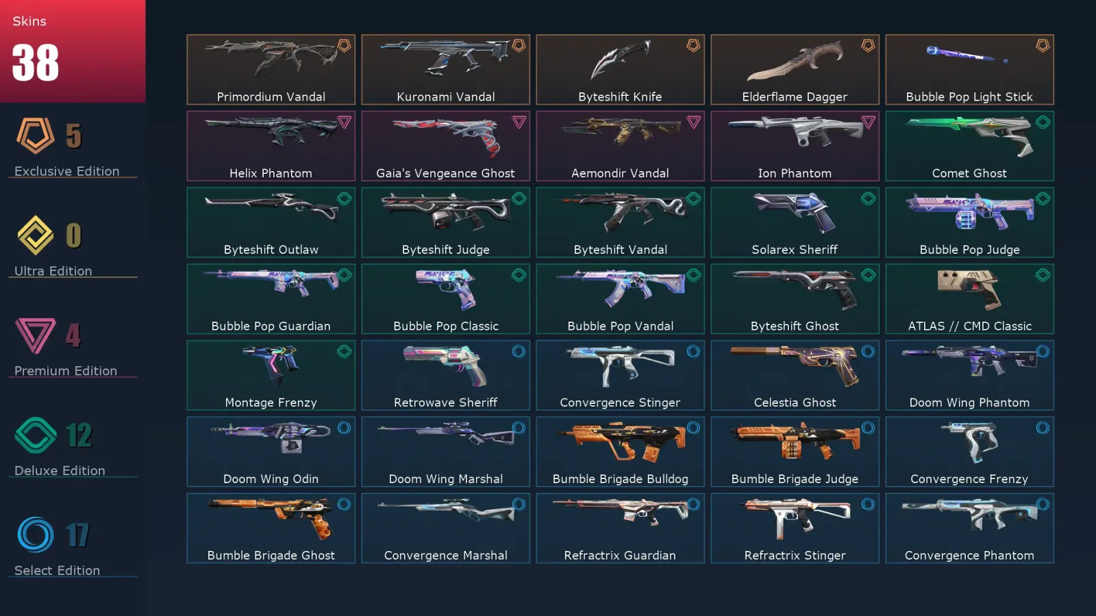 [Valorant] | EU | Level 174 | Diamond 3 | 29 Agents | 38 Skins