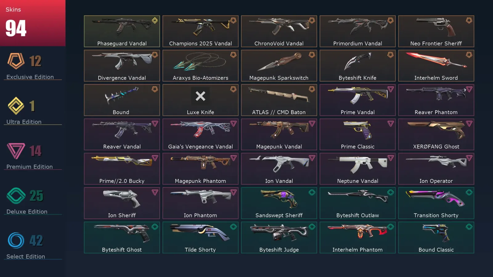 [Valorant] | EU | Level 287 | Silver 2 | 29 Agents | 94 Skins
