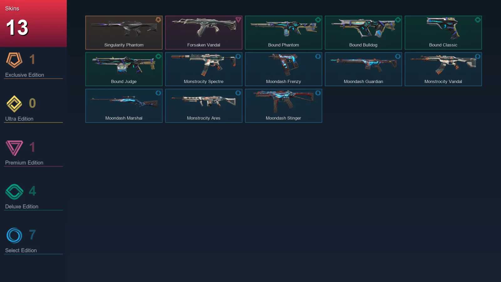 EU | Singularity Phantom | Forsaken Vandal | Bound Phantom | Bound Bulldog | 13 Skin | 12 Agent | 20 Buddy | Lv34