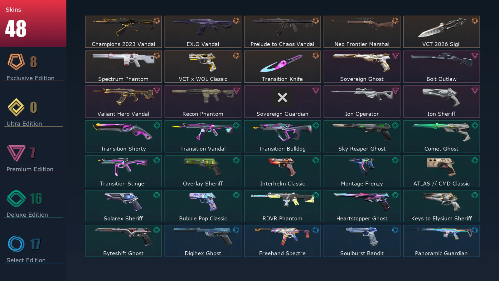 [Valorant] | EU | Level 500 | Platinum 2 | 29 Agents | 48 Skins