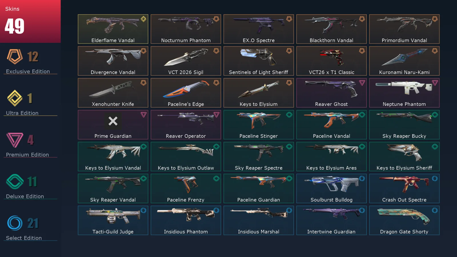 [Valorant] | EU | Level 50 | Platinum 3 | 16 Agents | 49 Skins
