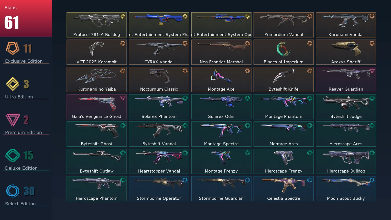 [Valorant] | EU | Level 58 | 18 Agents | 61 Skins