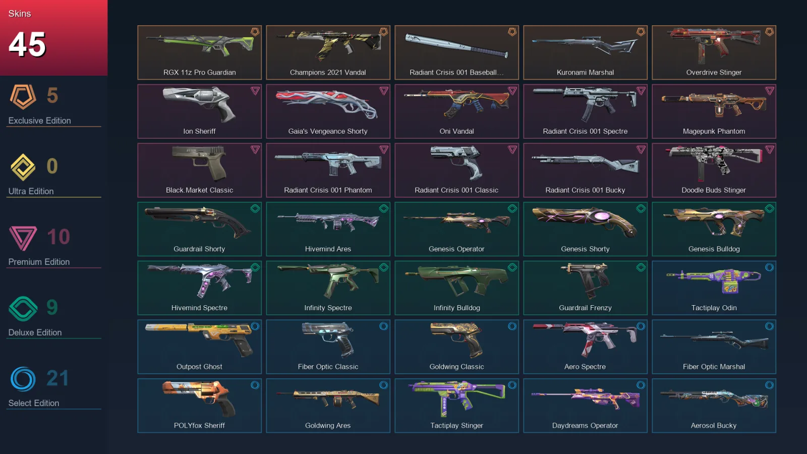 EU | RGX 11z Pro Guardian | Champions 2021 Vandal | Radiant Crisis 001 Baseball Bat | Kuronami Marshal | 45 Skin | 21 Agent | 36 Buddy | Lv42