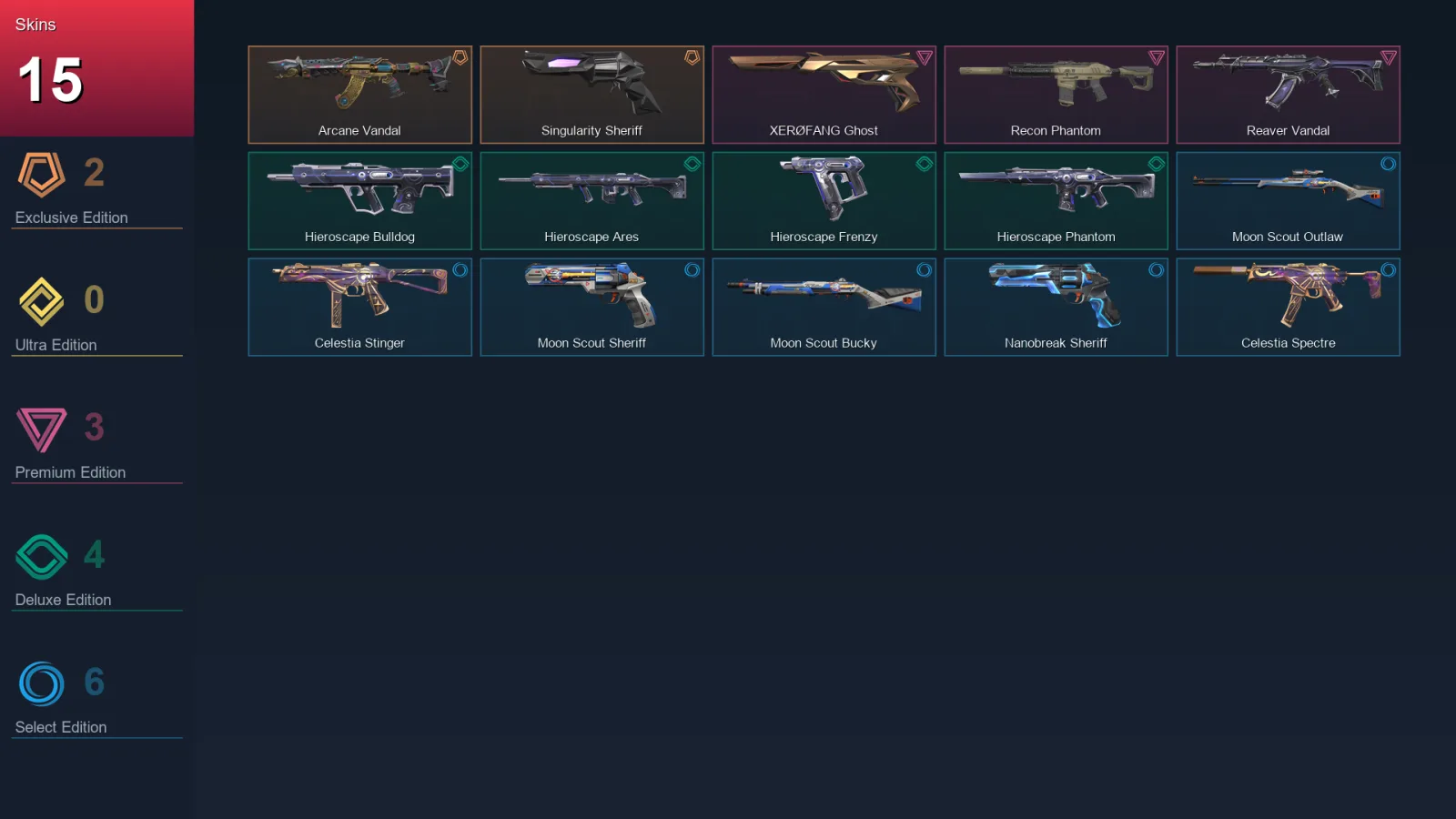 EU | Lv63 | Unranked | 15 Skin | 18 Agent | 31 Buddy — Singularity Sheriff
