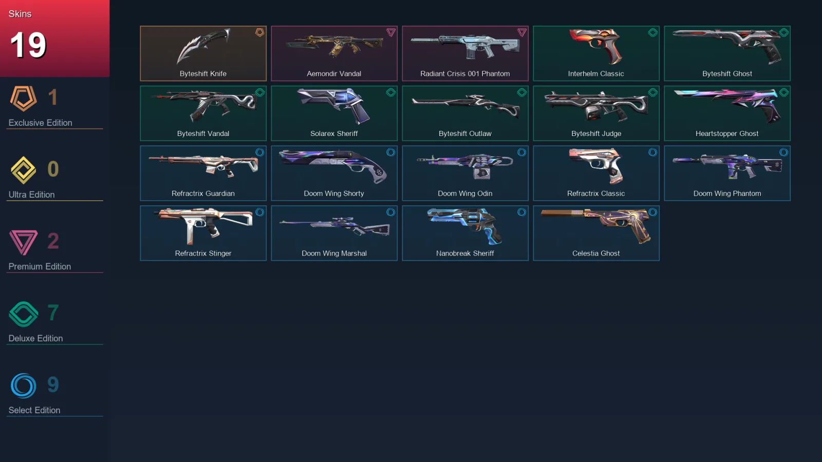 EU | Lv164 | Unranked | 19 Skin | 22 Agent | 59 Buddy &mdash; Valorant account with Classic skin