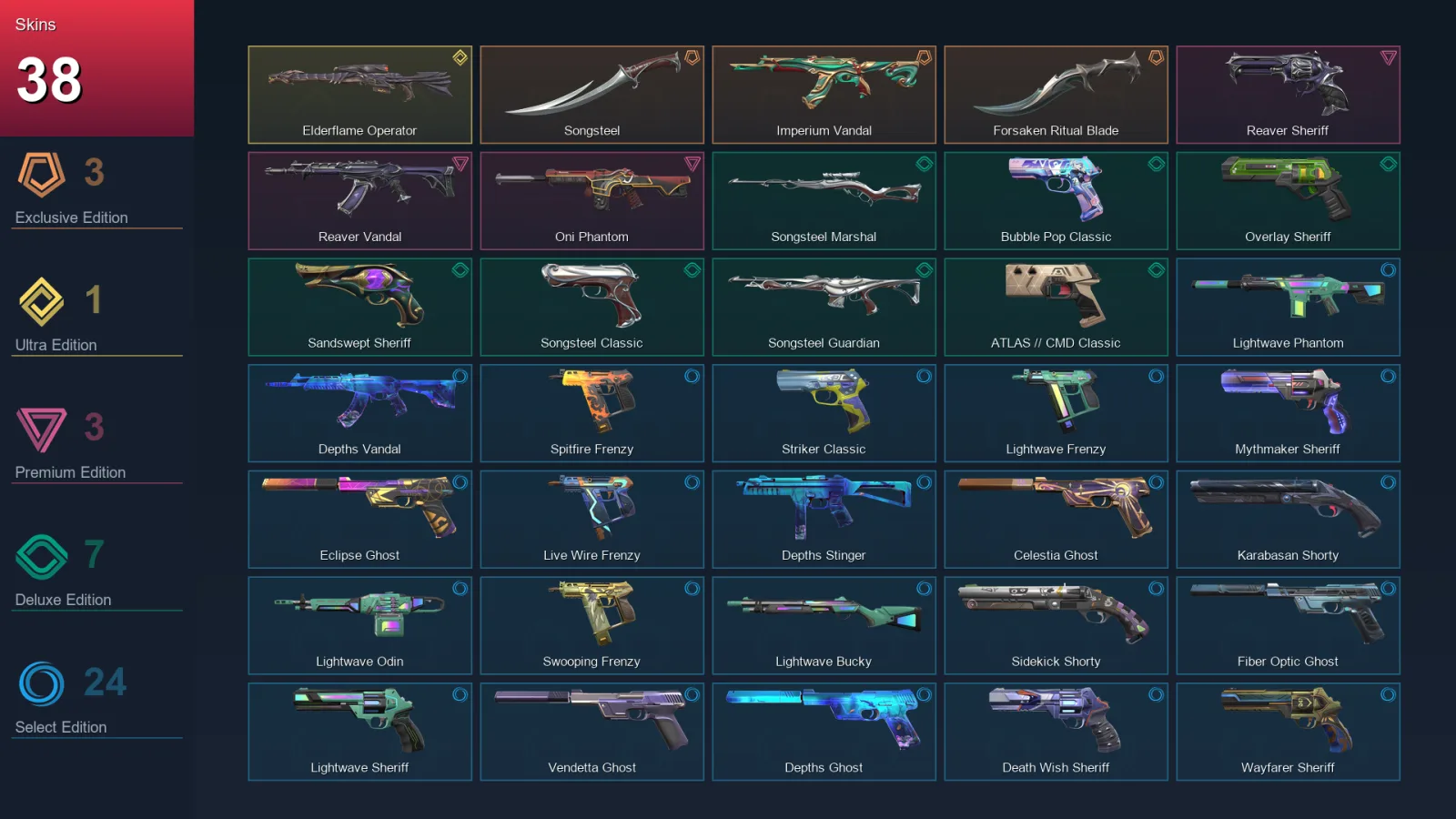 AP | Lv277 | Unranked | 38 Skin | 27 Agent | 112 Buddy