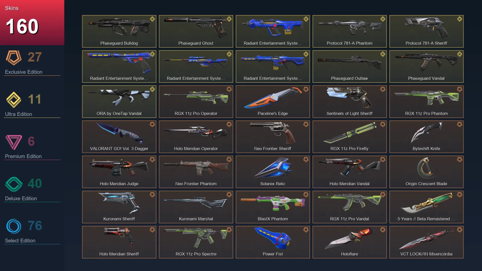 AP | Lv159 | Unranked | 160 Skin | 29 Agent | 119 Buddy