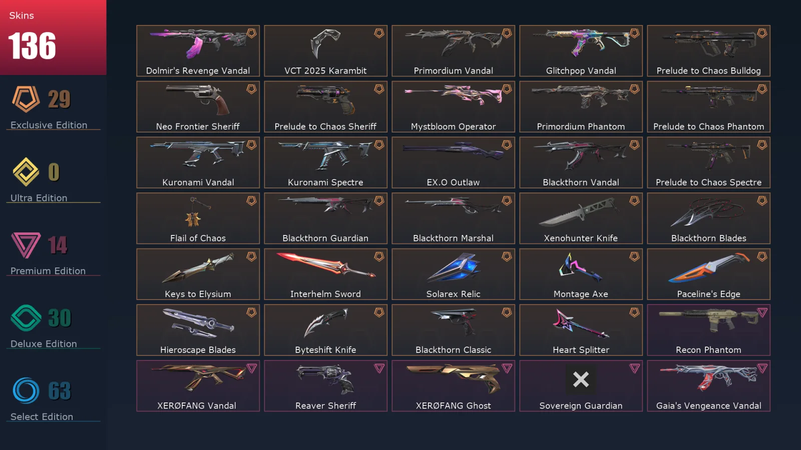 [Valorant] | EU | Level 143 | 29 Agents | 136 Skins