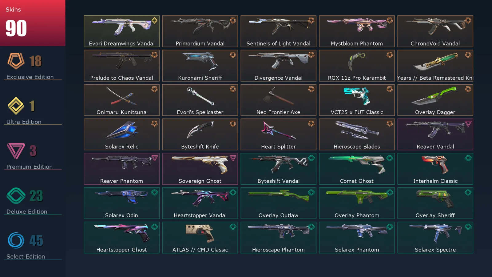 [Valorant] | EU | Level 427 | Silver 3 | 29 Agents | 90 Skins