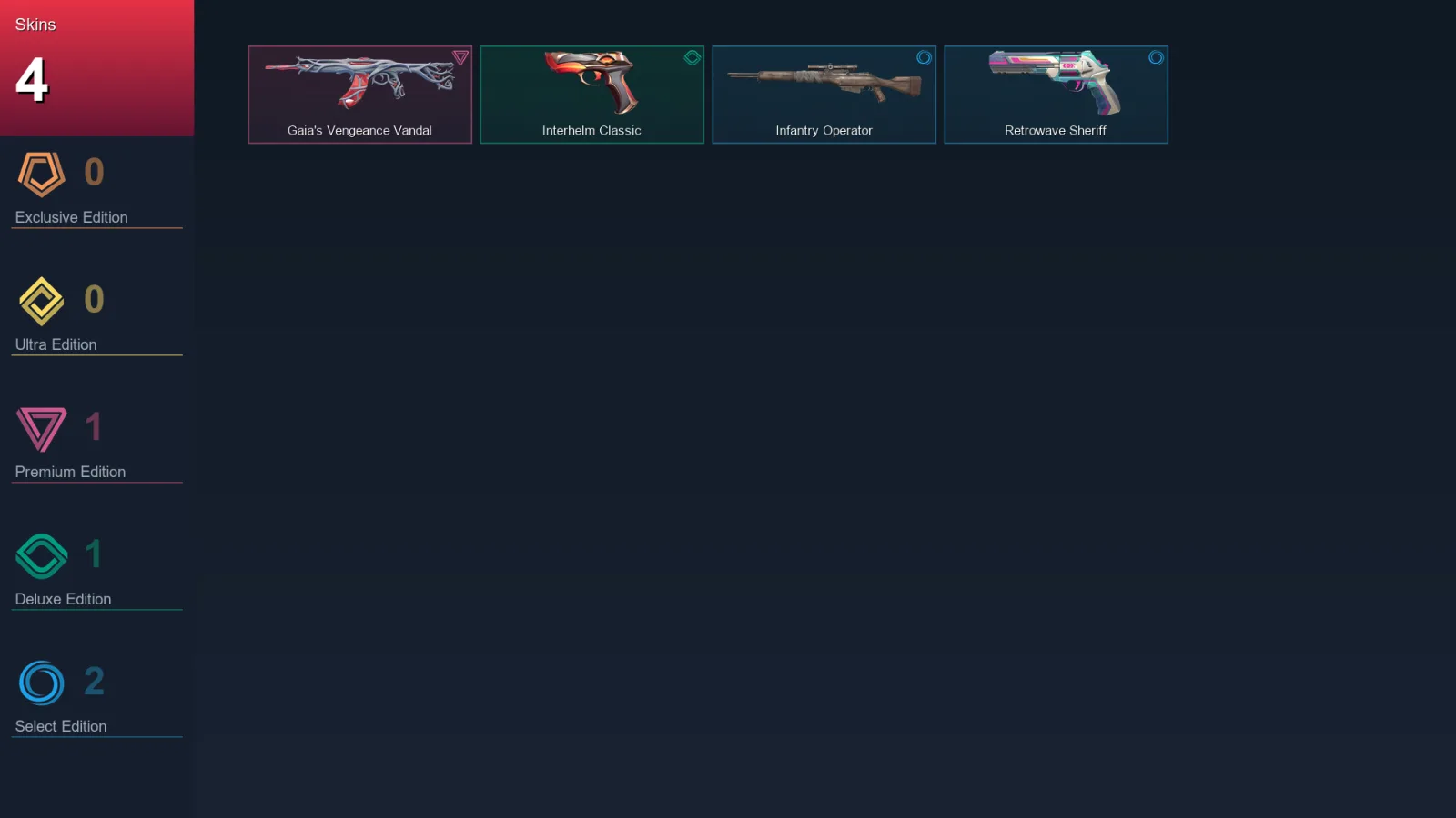 EU | Gaia's Vengeance Vandal | Interhelm Classic | Infantry Operator | Retrowave Sheriff | 4 Skin | 27 Agent | 30 Buddy | Lv76