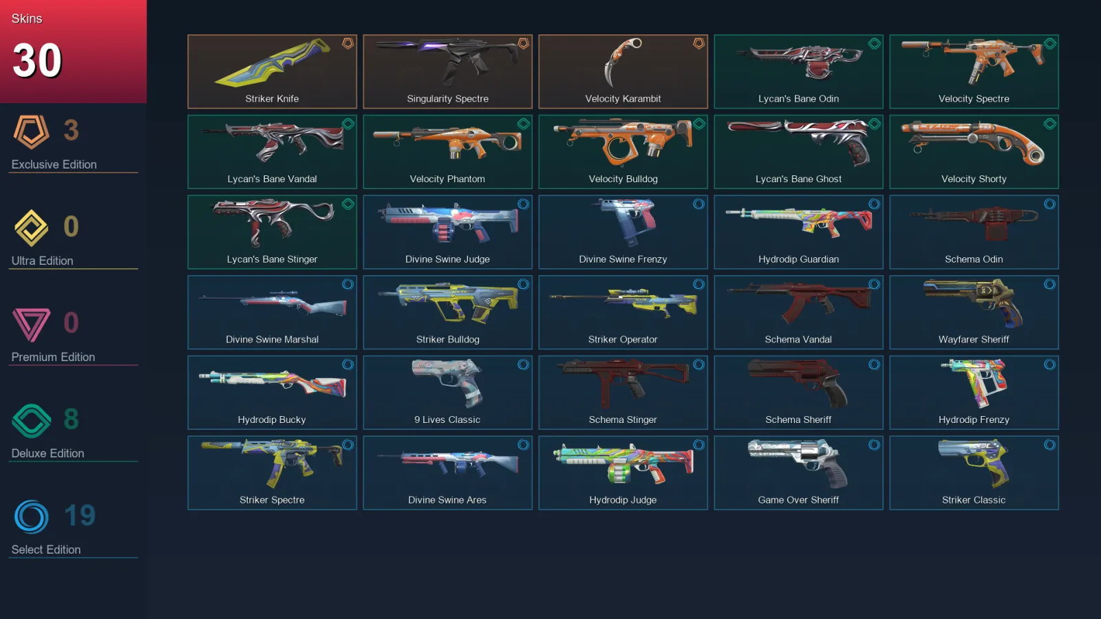 AP | Striker Knife | Singularity Spectre | Velocity Karambit | Lycan's Bane Odin | 30 Skin | 22 Agent | 47 Buddy | Lv104