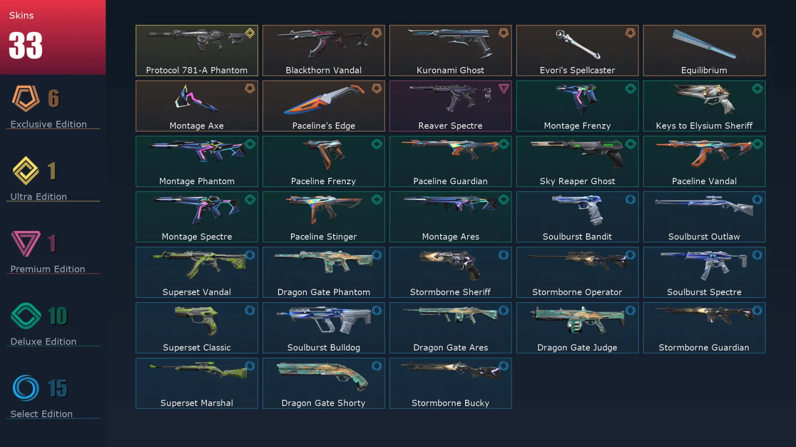 [Valorant] | EU | Level 96 | Gold 1 | 16 Agents | 33 Skins