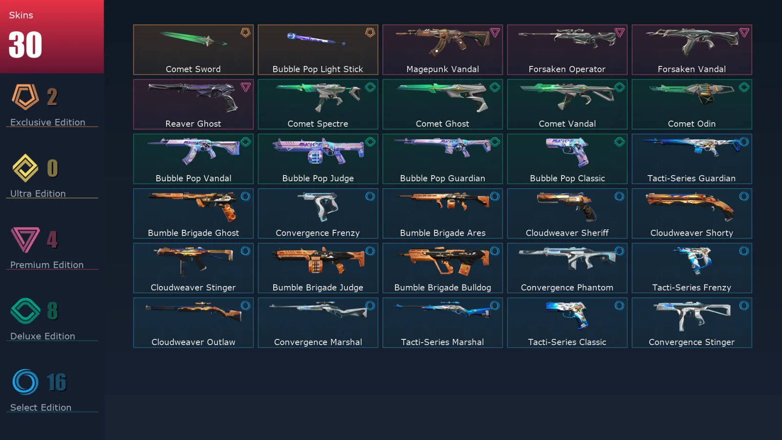 [Valorant] | EU | Level 47 | Platinum 2 | 17 Agents | 30 Skins