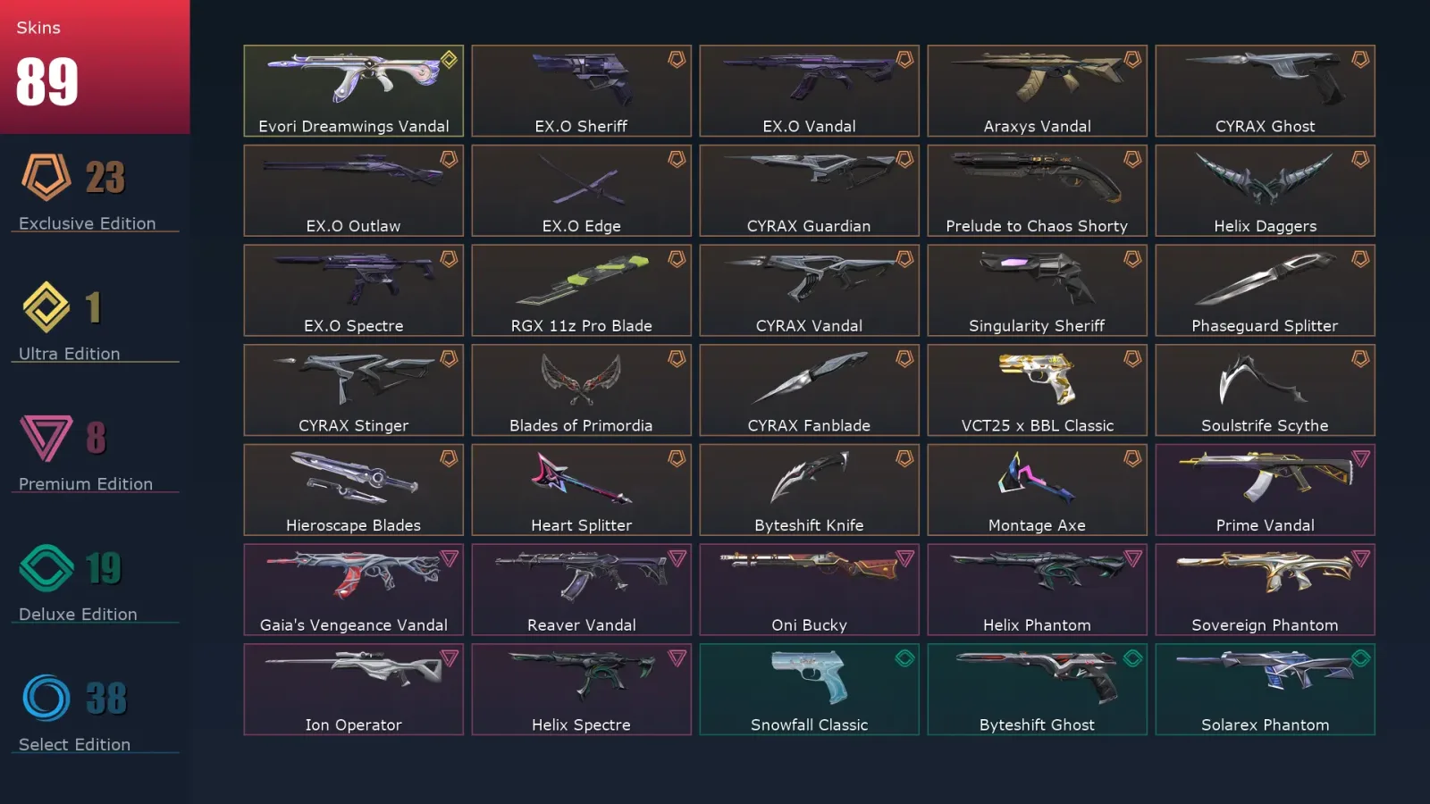 [Valorant] | EU | Level 175 | 29 Agents | 89 Skins