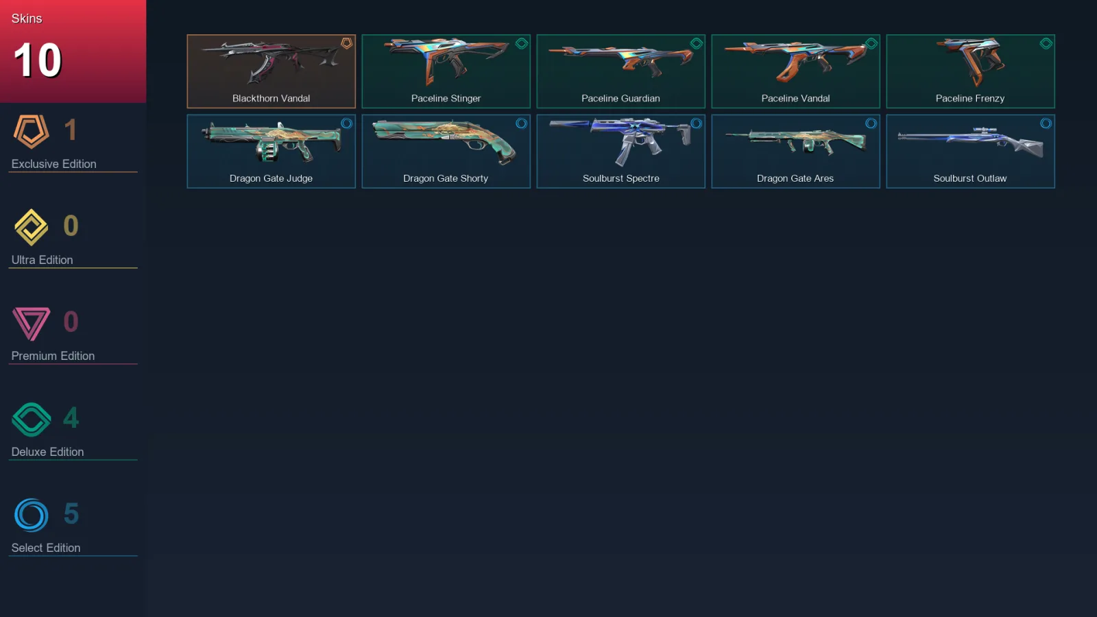 AP | Blackthorn Vandal | Paceline Stinger | Paceline Guardian | Paceline Vandal | 10 Skin | 9 Agent | 8 Buddy | Lv20