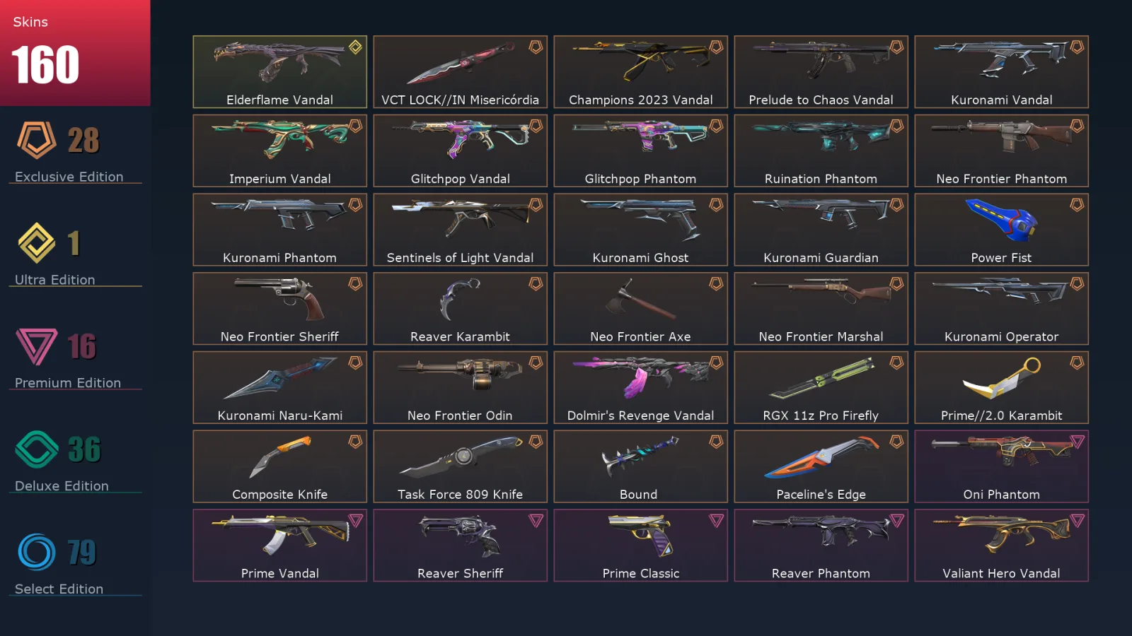 [Valorant] | EU | Level 186 | Platinum 2 | 29 Agents | 160 Skins