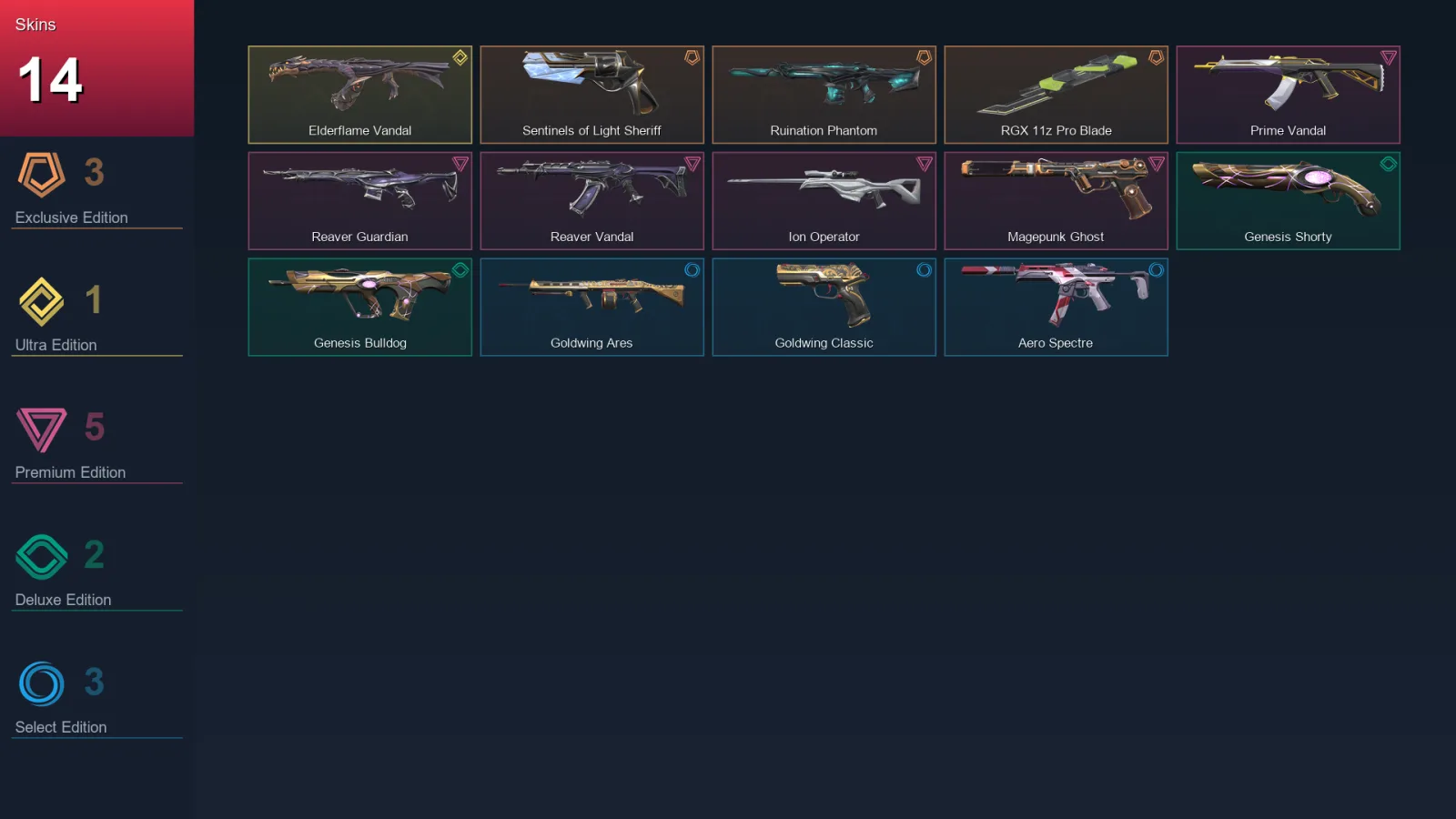 NA | Sentinels of Light Sheriff | Ruination Phantom | RGX 11z Pro Blade | Elderflame Vandal | 14 Skin | 9 Agent | 9 Buddy | Lv24