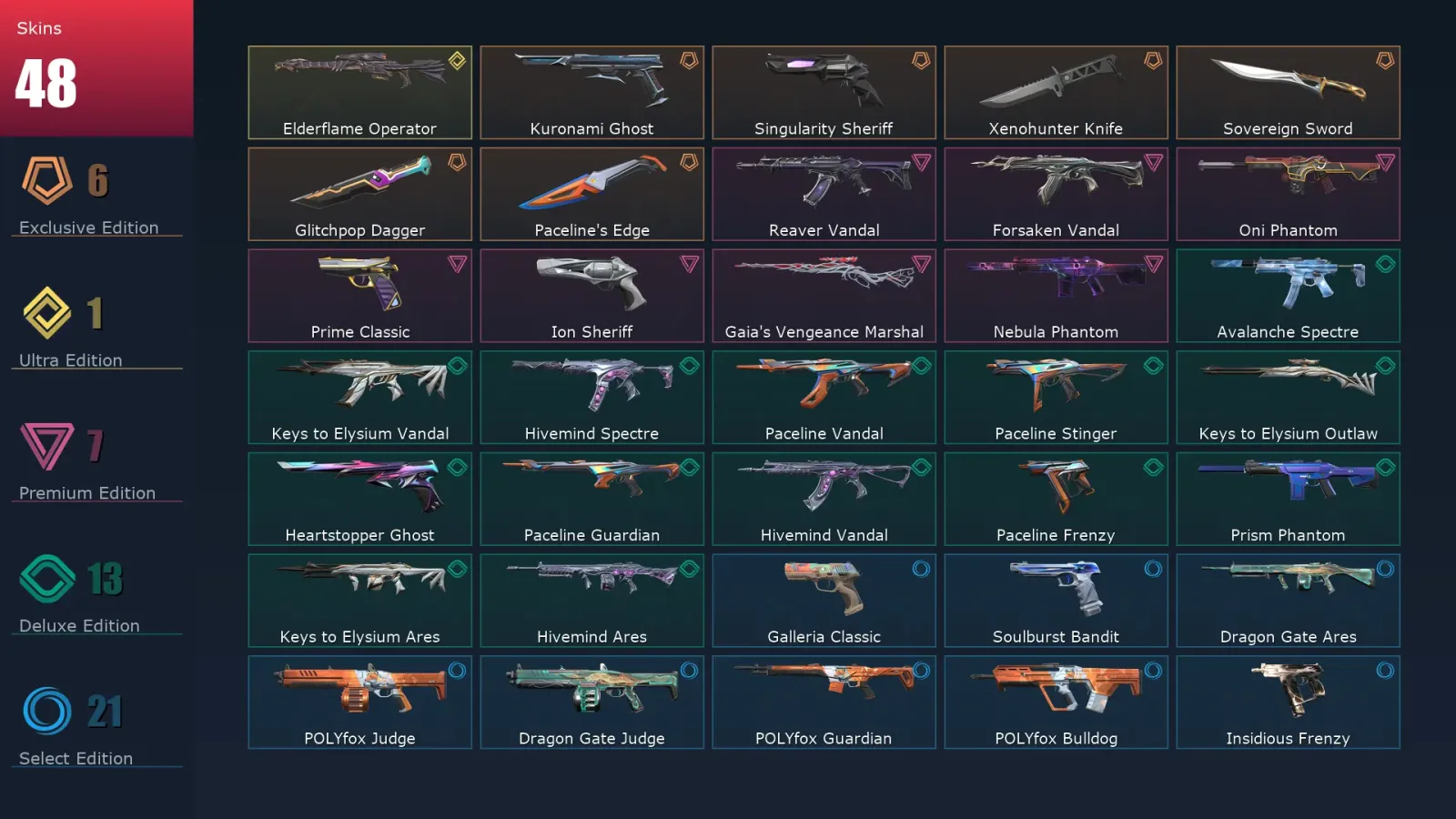 [Valorant] | EU | Level 54 | 18 Agents | 48 Skins