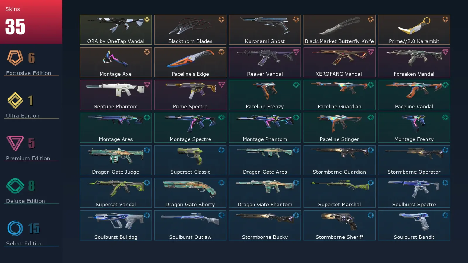 [Valorant] | EU | Level 52 | Silver 1 | 17 Agents | 35 Skins