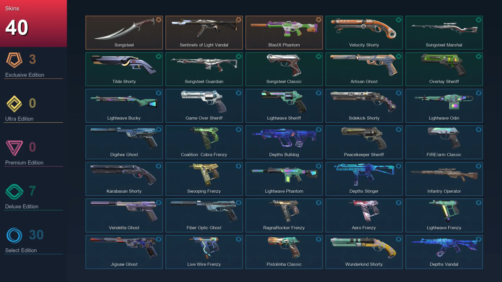 EU | Songsteel | Sentinels of Light Vandal | BlastX Phantom | Velocity Shorty | 40 Skin | 27 Agent | 123 Buddy | Lv296