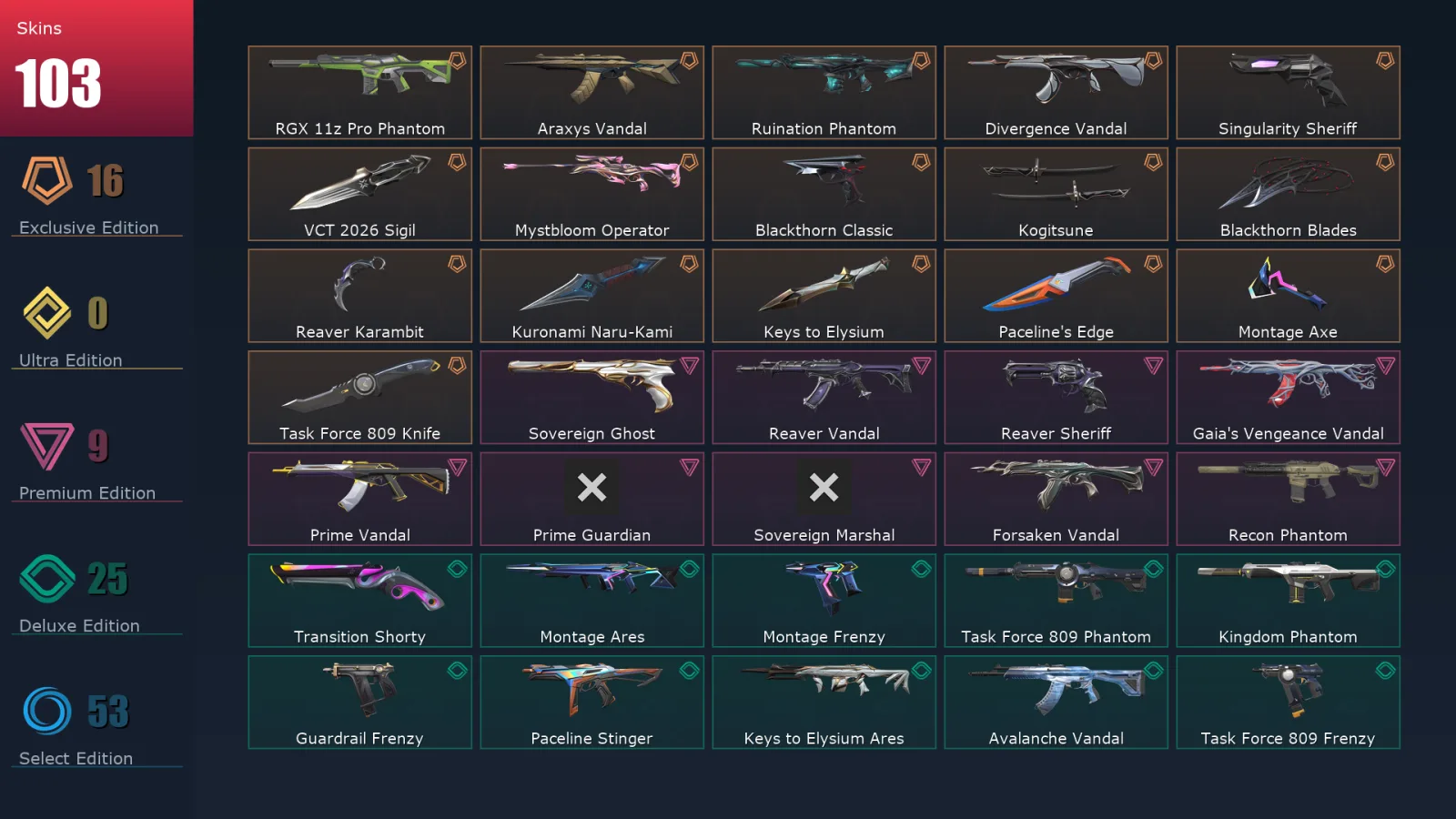[Valorant] | EU | Level 263 | Diamond 3 | 29 Agents | 103 Skins