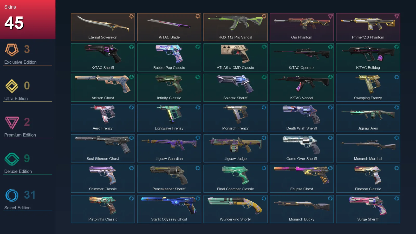 AP | Eternal Sovereign | K/TAC Blade | RGX 11z Pro Vandal | Oni Phantom | 45 Skin | 27 Agent | 124 Buddy | Lv336