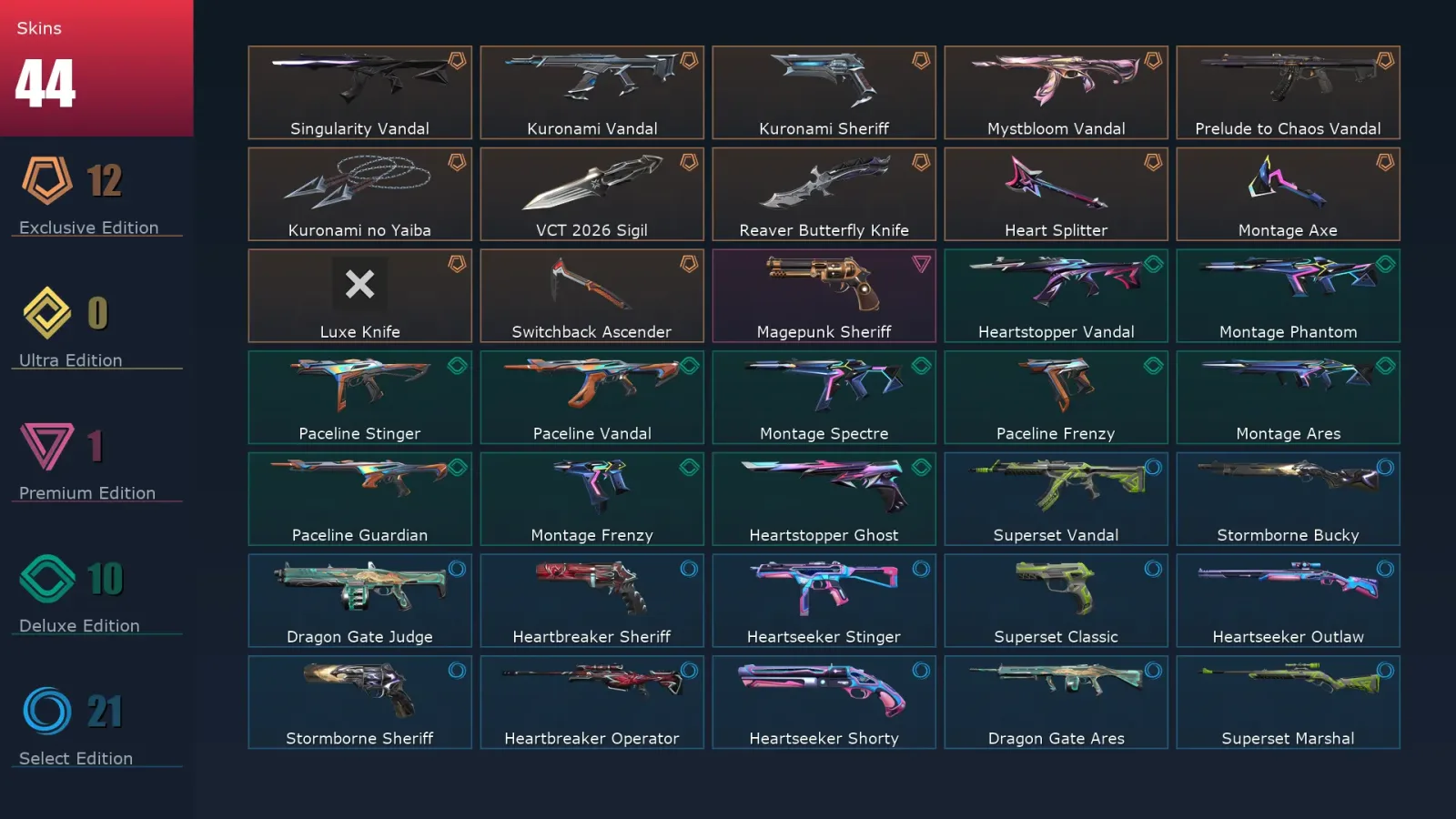 [Valorant] | EU | Level 56 | Silver 3 | 16 Agents | 44 Skins