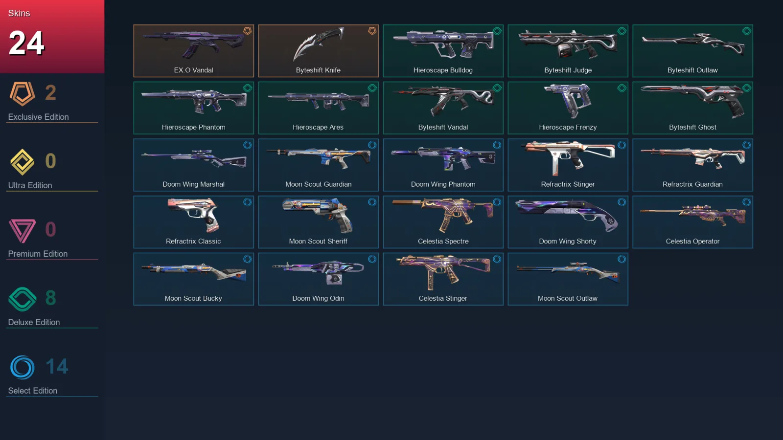 EU | EX.O Vandal | Byteshift Knife | Hieroscape Bulldog | Byteshift Judge | 24 Skin | 22 Agent | 35 Buddy | Lv54