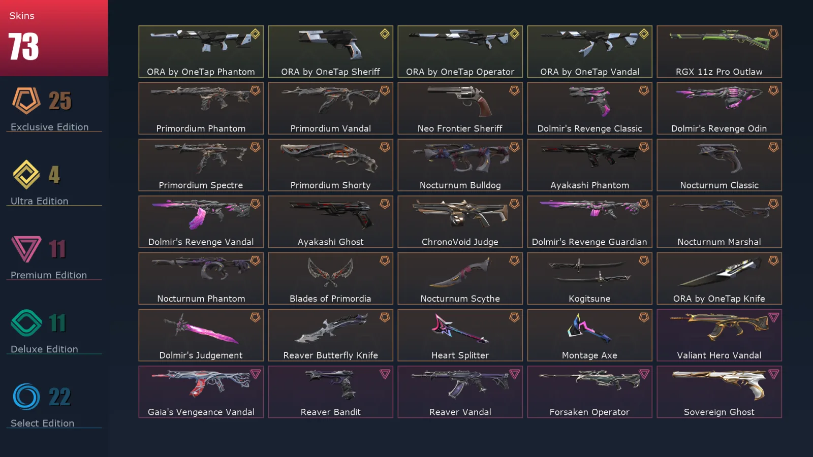 [Valorant] | EU | Level 293 | Diamond 2 | 29 Agents | 73 Skins