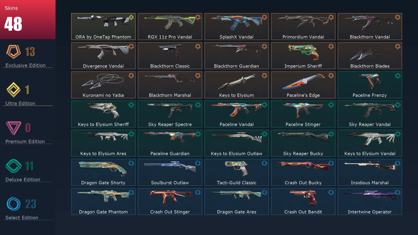 [Valorant] | EU | Level 62 | Diamond 1 | 11 Agents | 48 Skins