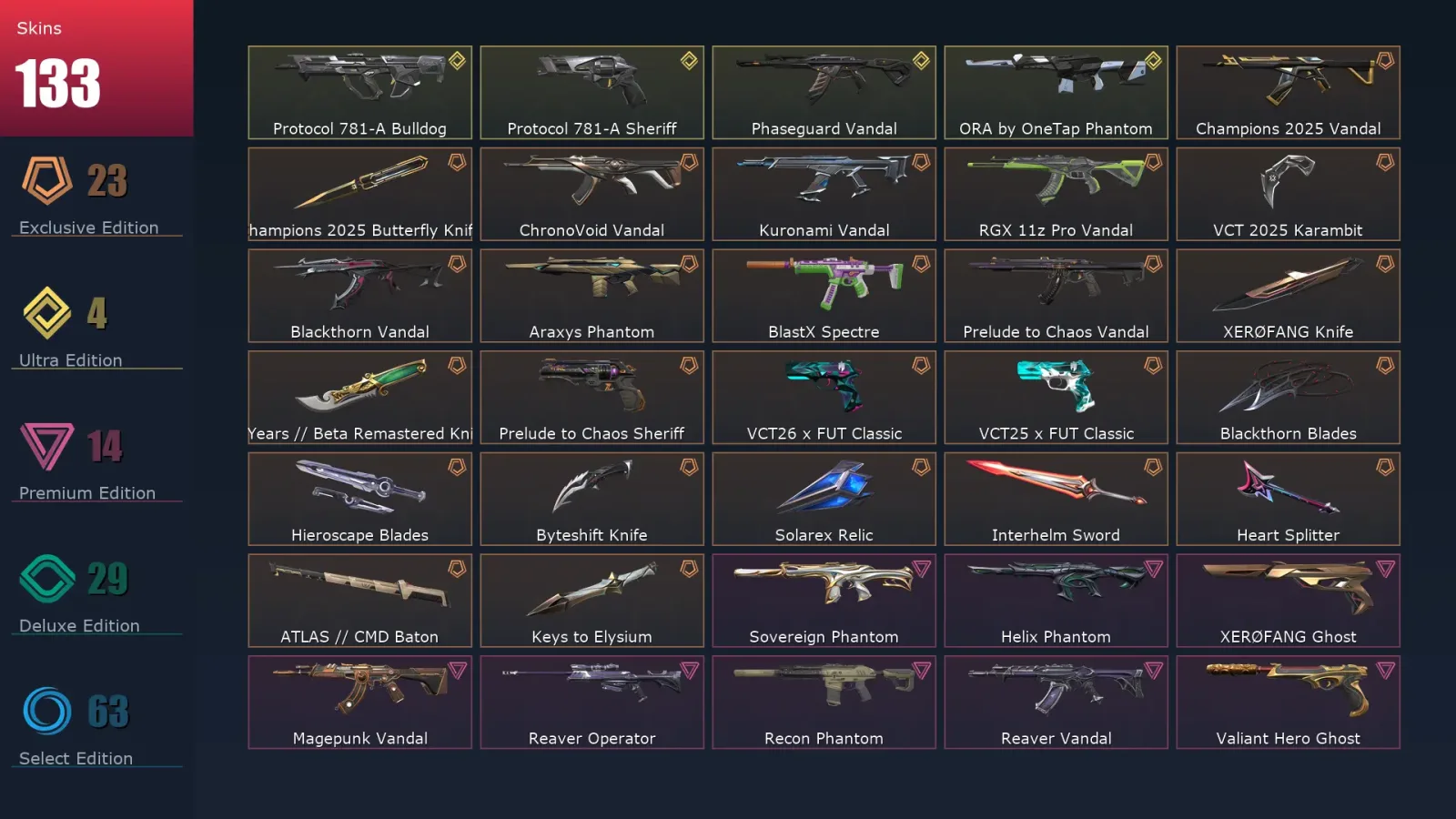 [Valorant] | EU | Level 144 | Platinum 3 | 24 Agents | 133 Skins