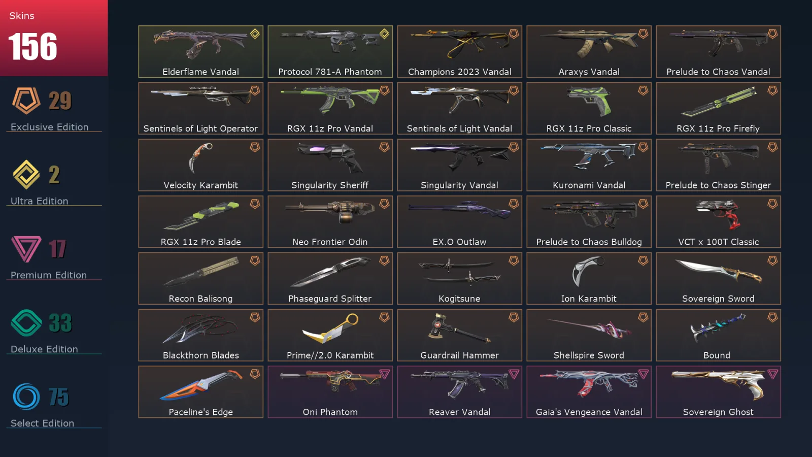 [Valorant] | EU | Level 185 | 29 Agents | 156 Skins