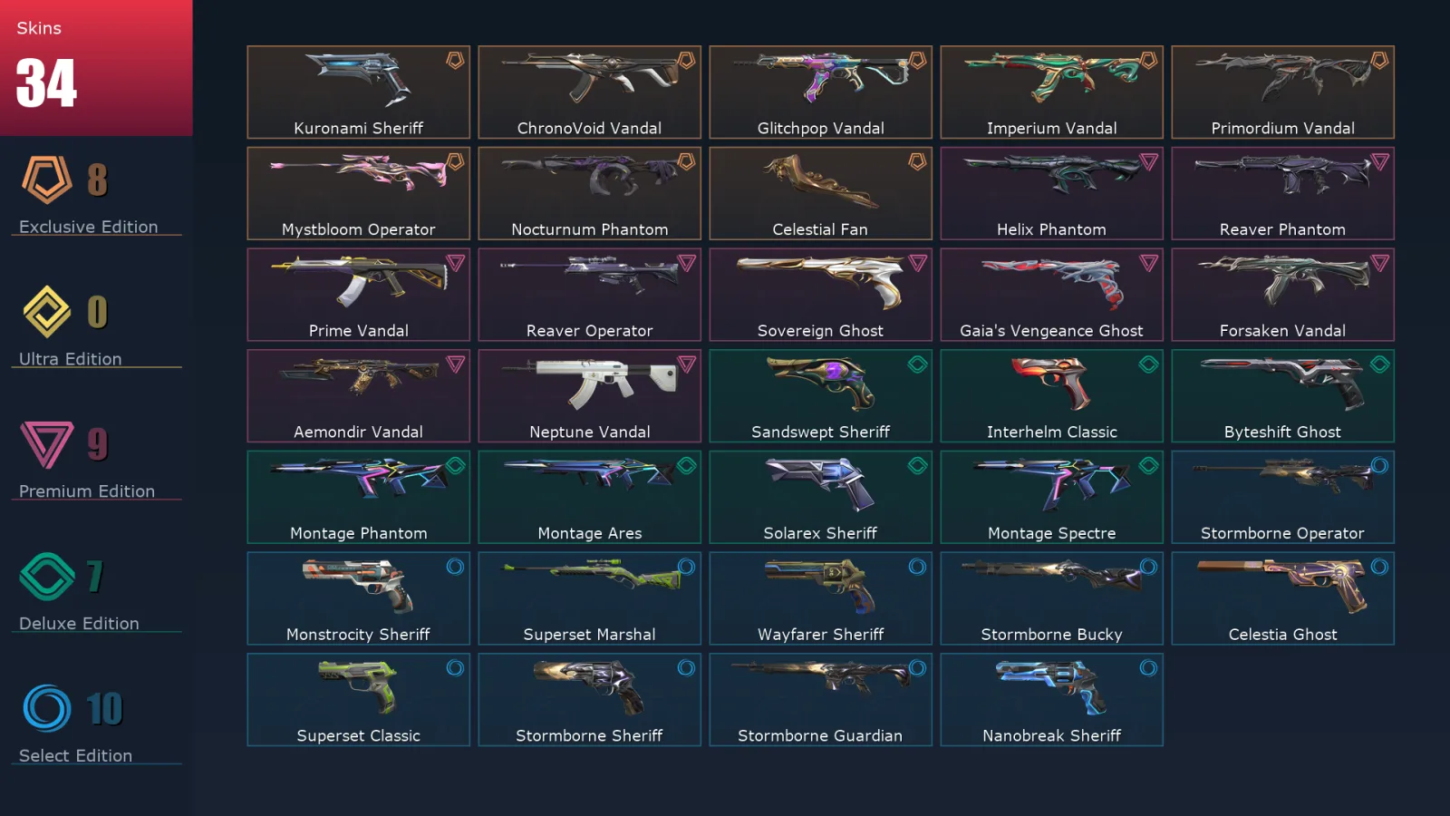 [Valorant] | EU | Level 238 | 28 Agents | 34 Skins