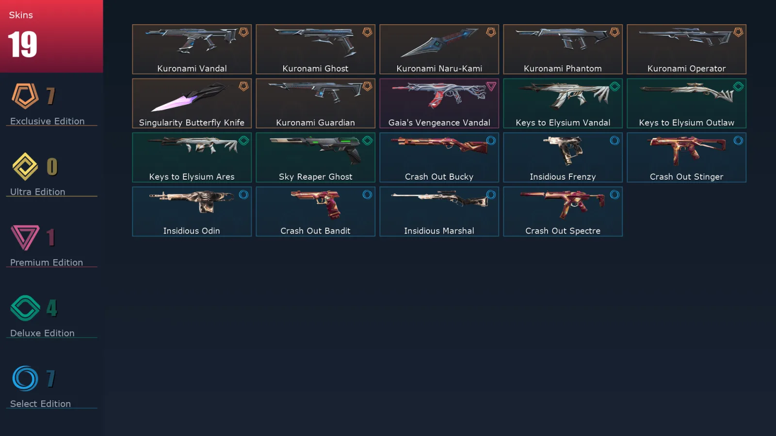 [Valorant] | EU | Level 36 | Diamond 3 | 13 Agents | 19 Skins