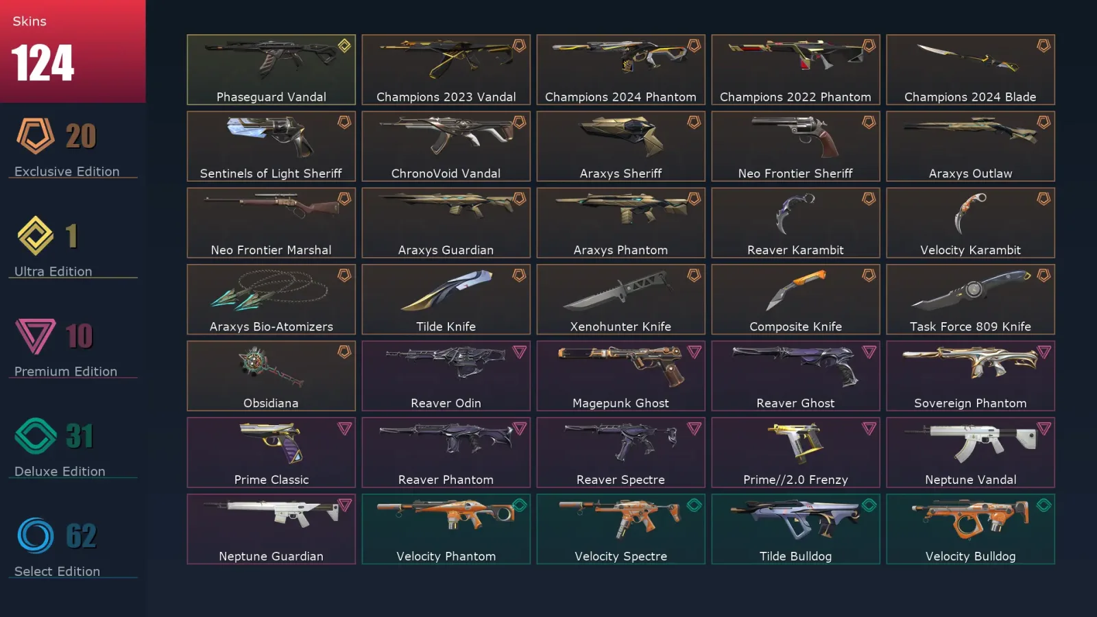 [Valorant] | EU | Level 367 | Diamond 2 | 29 Agents | 124 Skins