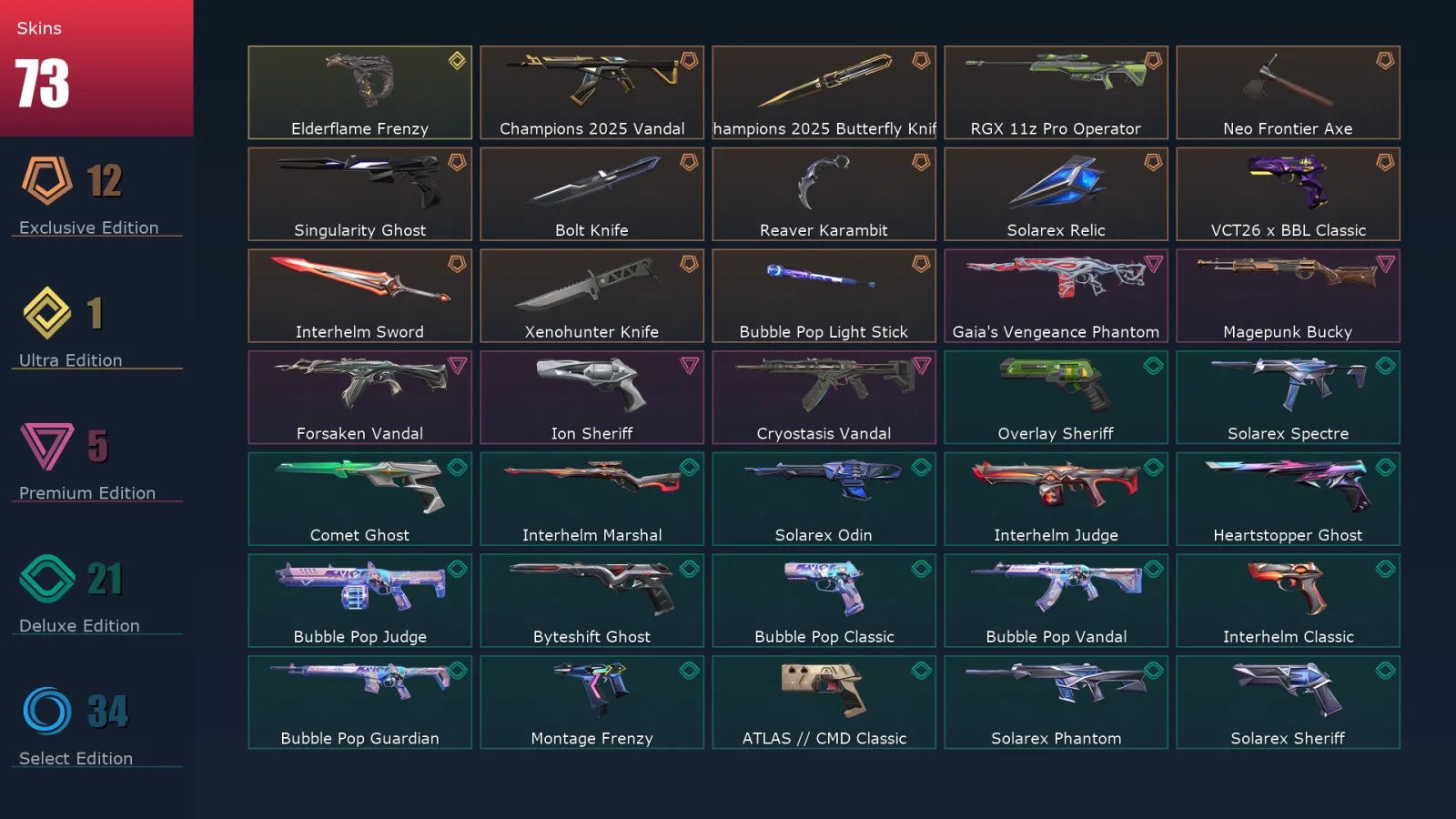 [Valorant] | EU | Level 285 | Gold 1 | 29 Agents | 73 Skins
