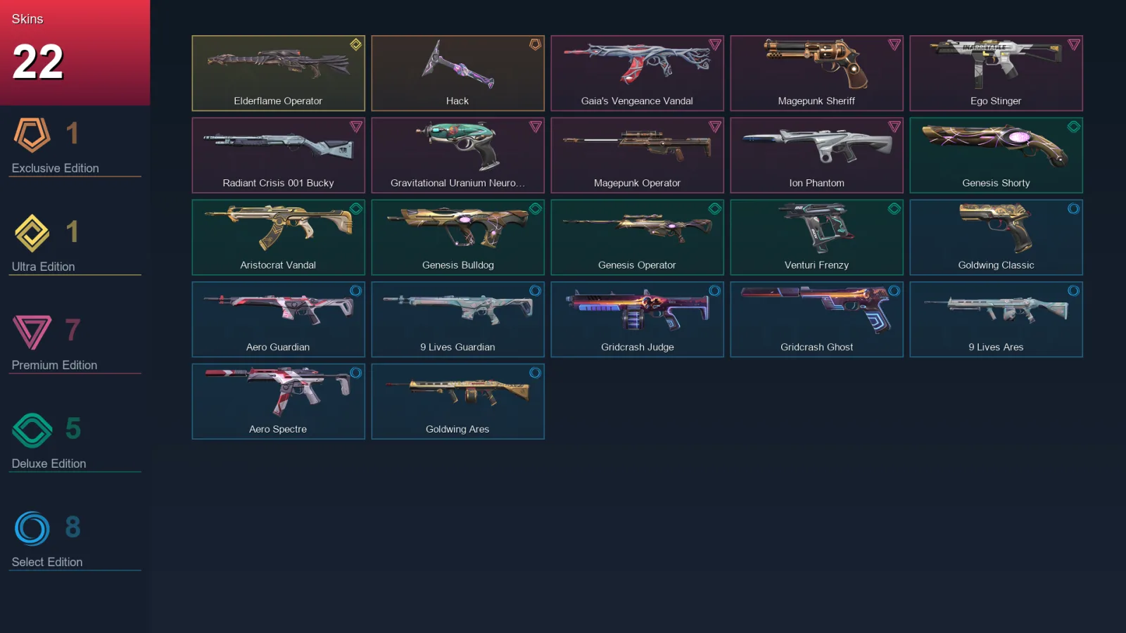 AP | Lv36 | Unranked | 22 Skin | 20 Agent | 18 Buddy