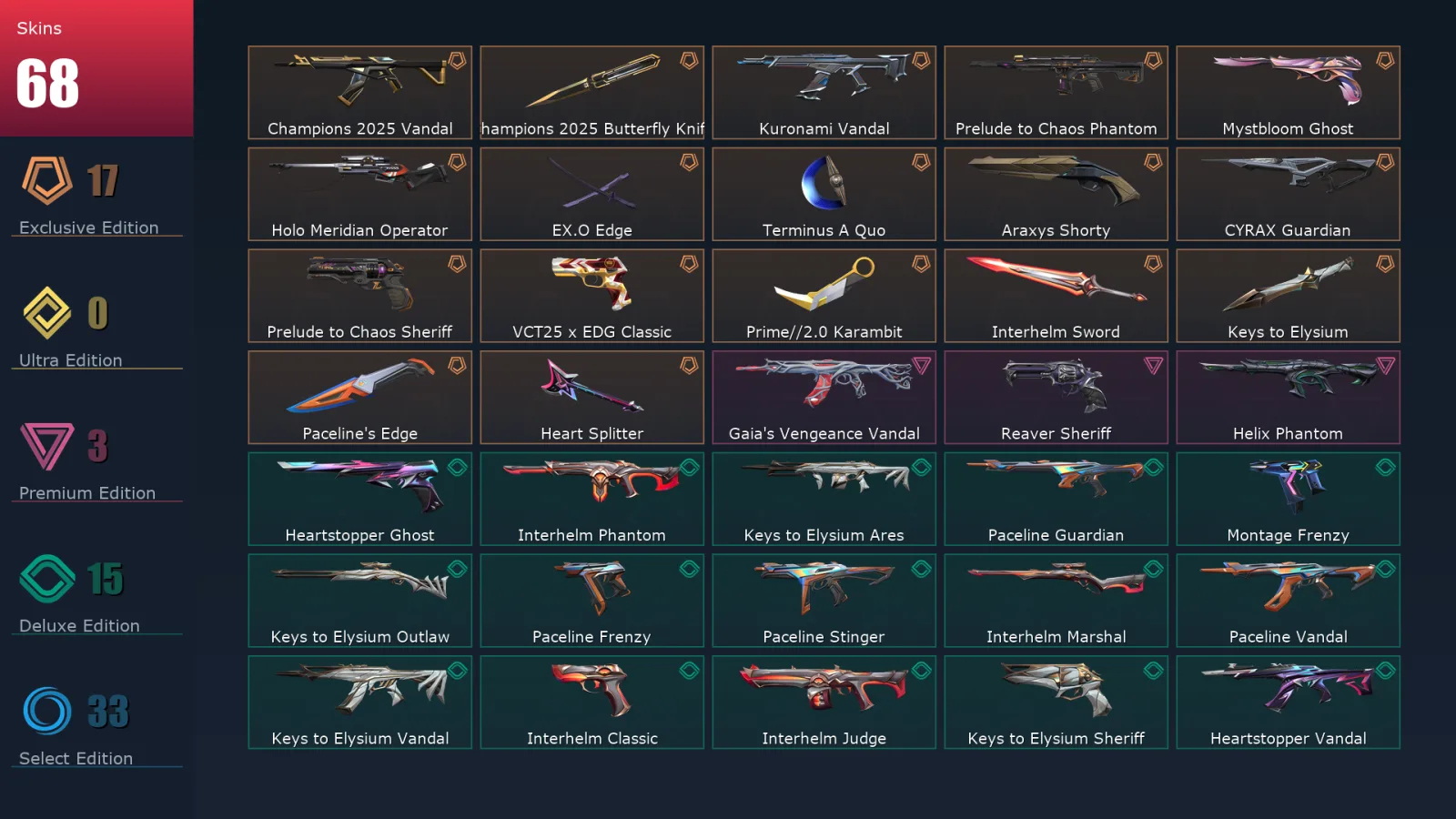 [Valorant] | EU | Level 117 | Diamond 2 | 29 Agents | 68 Skins